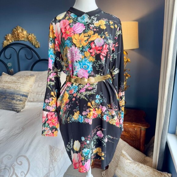 NWT No. 21 Black w Bright Floral 100% Silk Long Sleeved Mini Dress - Picture 2 of 13